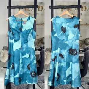 Lela Rose Blue Abstract Floral Sleeveless A Line Silk Dress Womens 12 EUC